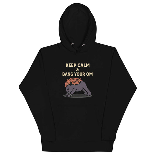 Keep Calm Bang Om black unisex hoodie with cartoon character and front pouch pocket