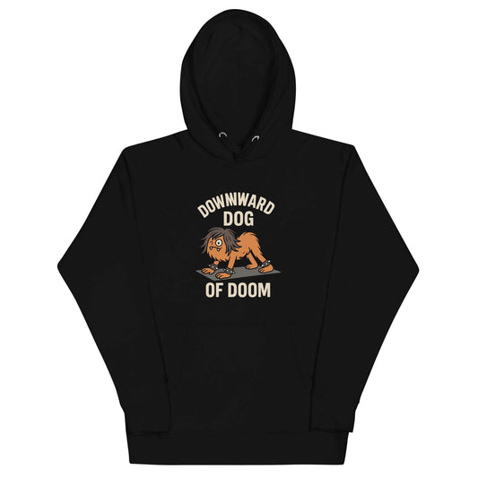 Black Downward Dog Unisex Hoodie with cartoon dog graphic and front pouch pocket
