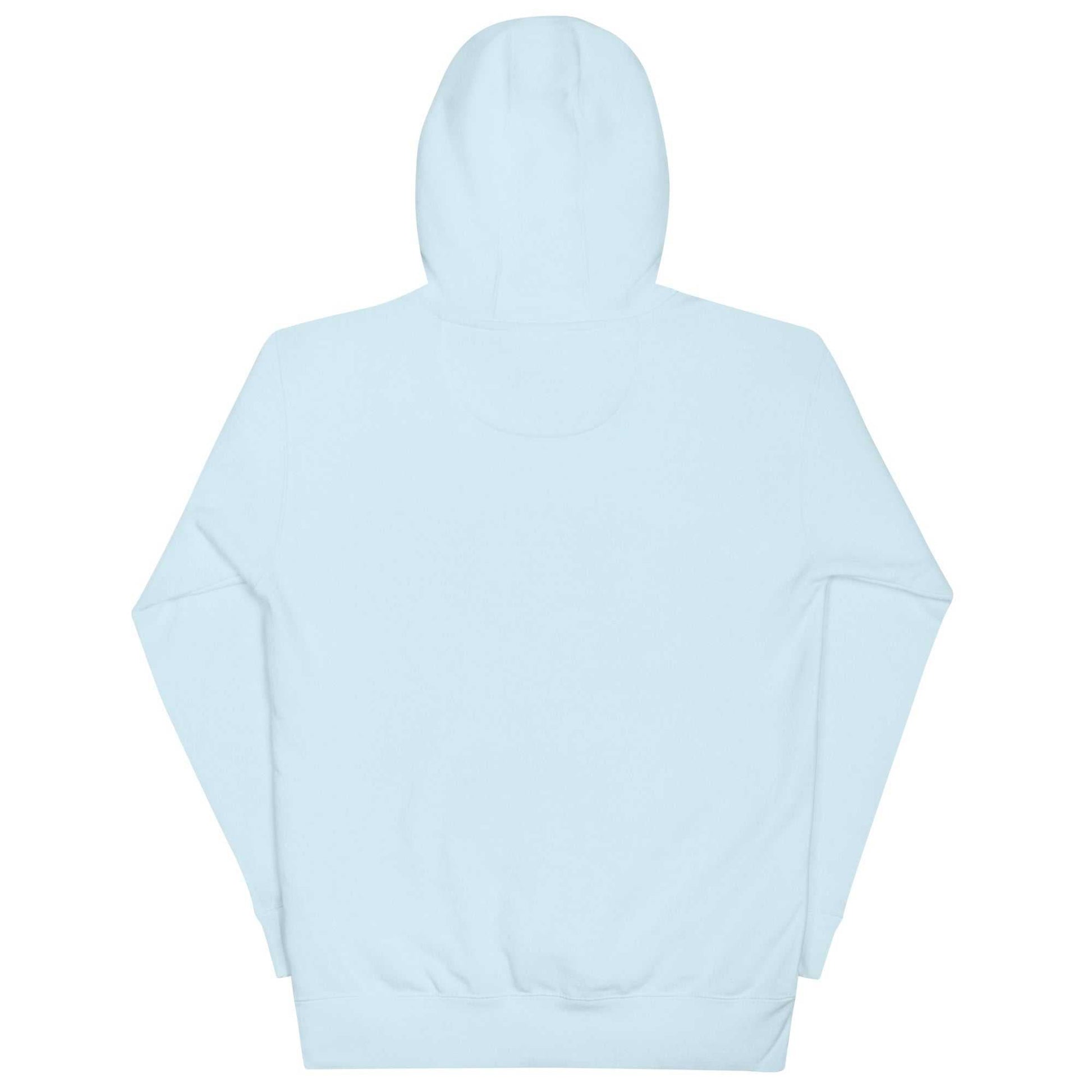 Back view of light blue Capybara Wine unisex hoodie with hood and pouch pocket