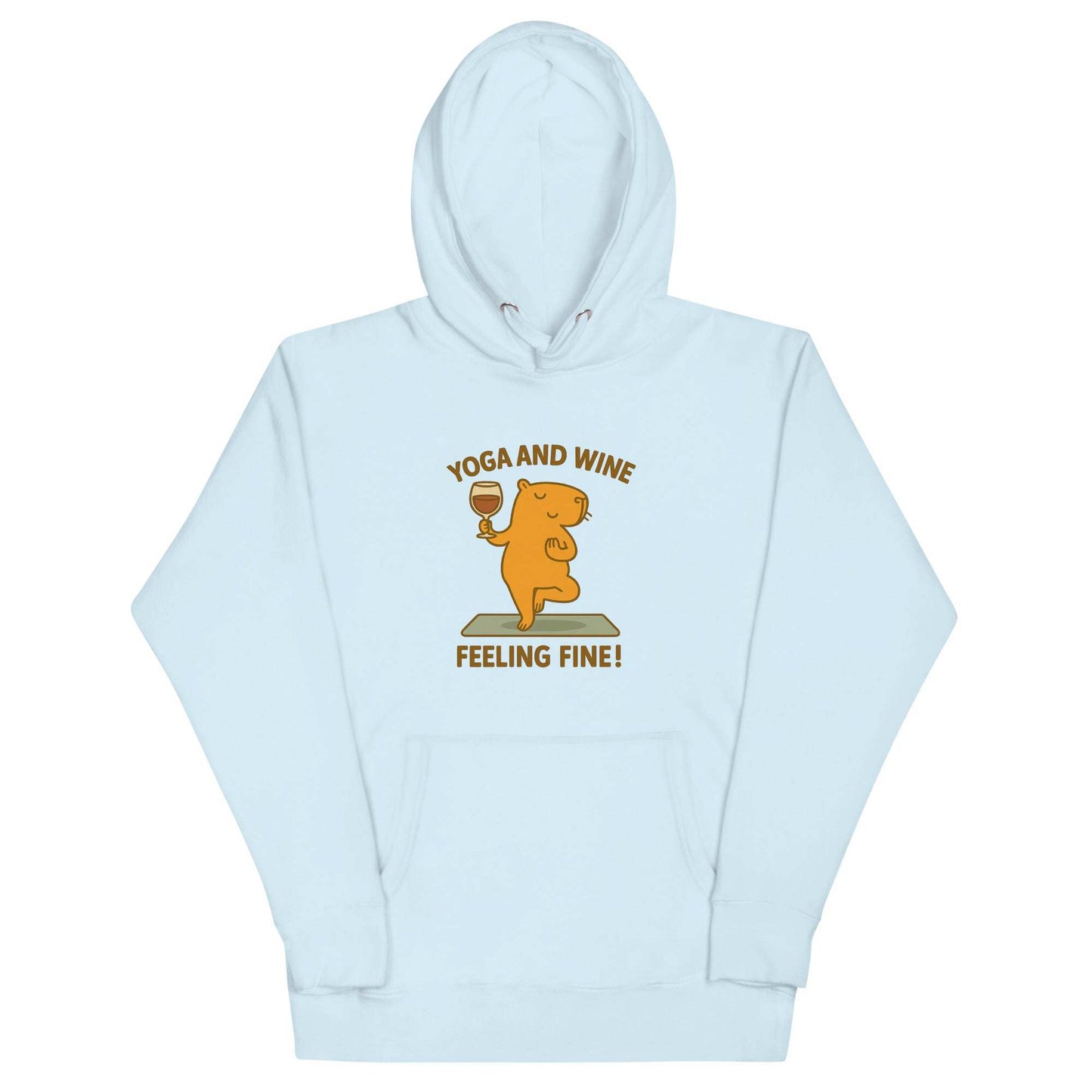 Light blue unisex hoodie with capybara holding wine glass and "Yoga and Wine Feeling Fine" text design