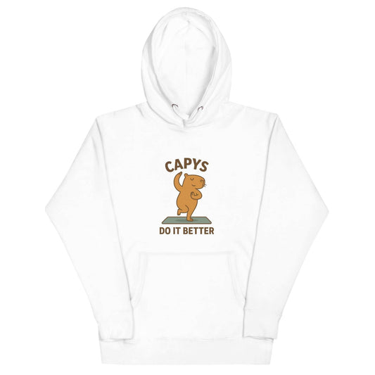 White Capys Do It Better hoodie with pouch pocket and graphic design on front