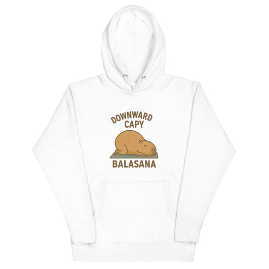White unisex Downward Capy Hoodie with a cute brown capybara in yoga pose and front pouch pocket