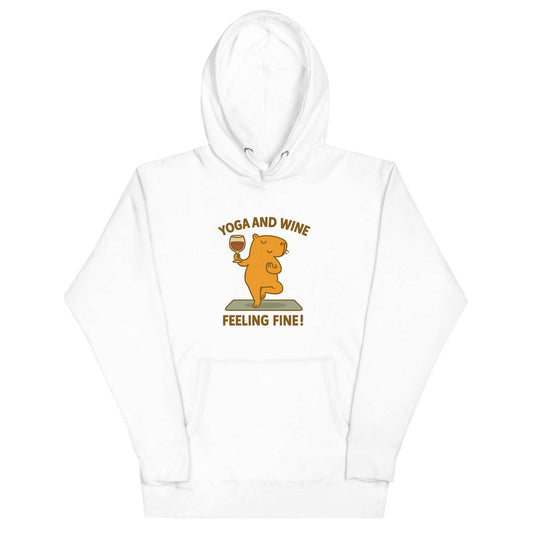 White unisex hoodie with capybara holding wine glass and text "Yoga and Wine Feeling Fine" design