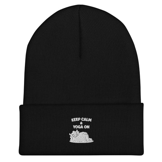 Black Keep Calm Cuffed Beanie with yoga design, snug and hypoallergenic headwear accessory